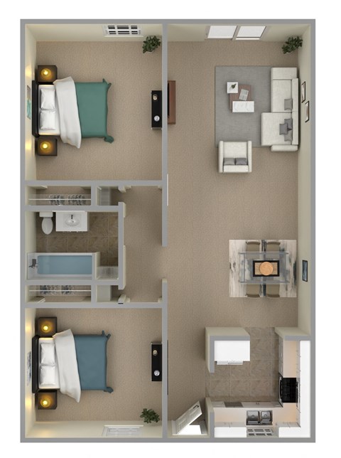 Floor plan for 2 beds, 1 bath, 753 sqft